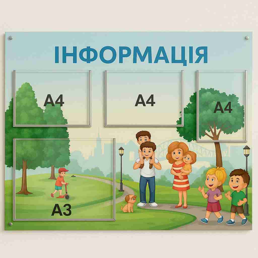 Информационный стенд для детского сада с ярким дизайном и прозрачными карманами