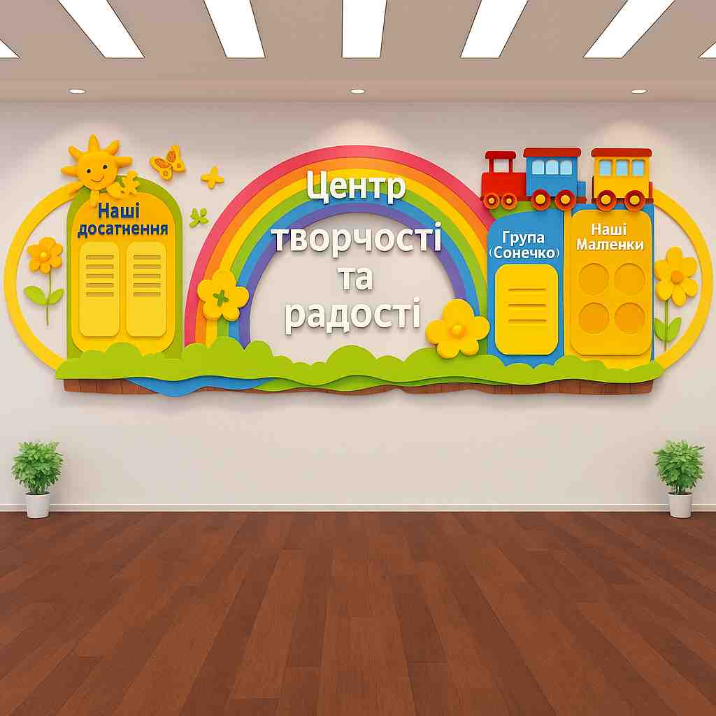 Стенд Центр творчества и радости – оформление школьного пространства с карманами для детских работ