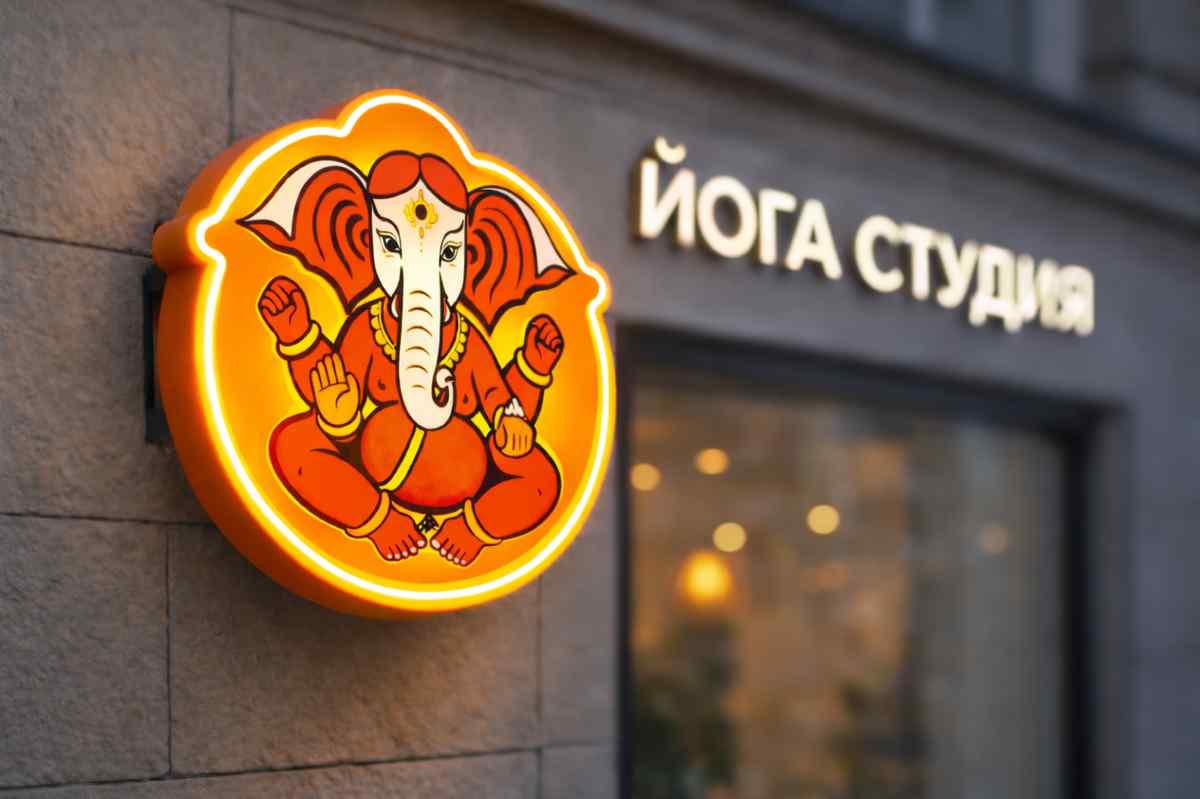 Круглий лайтбокс з логотипом компанії на фасаді