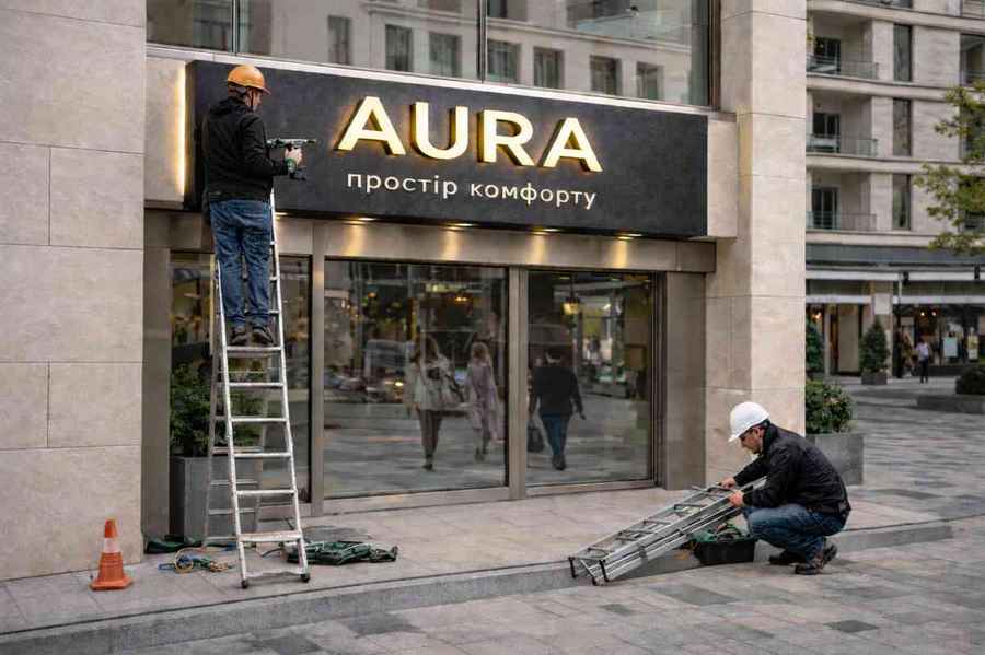 Світловий лайтбокс з об’ємним логотипом на фасаді